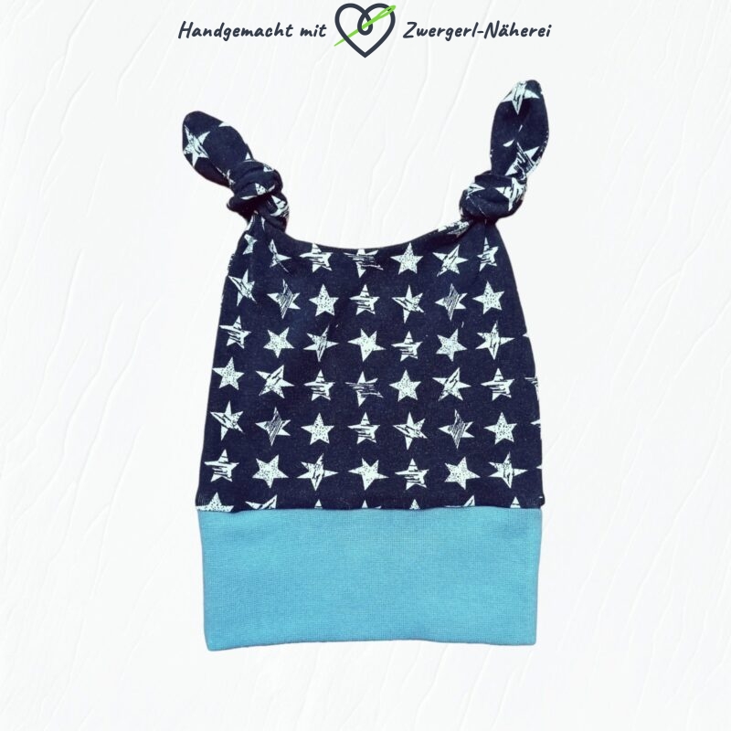Haube Mütze Knotenhaube Blau mit Stern-Motiven handmade für Babys und Kinder