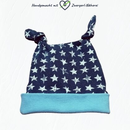 Haube Mütze Knotenhaube Blau mit Stern-Motiven umgekrempelt handmade für Babys und Kinder
