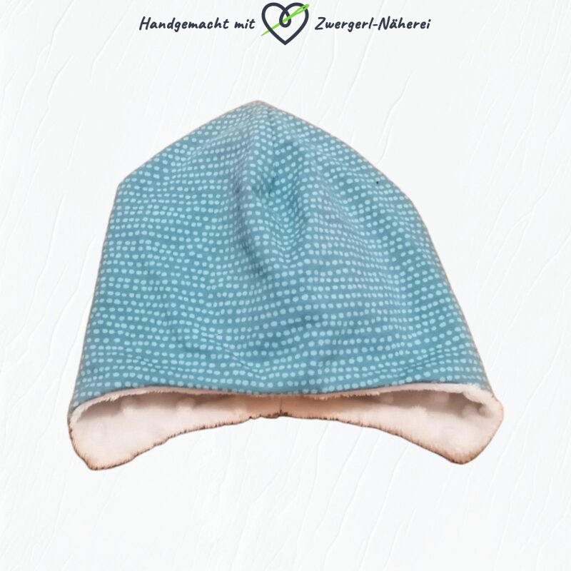 Haube Mütze Wende-Beanie Blau mit Punkten mit Ohrenschutz handmade für Babys und Kinder