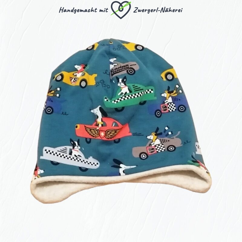 Haube Mütze Wende-Beanie mit Hunden und Rennautos handmade für Babys und Kinder