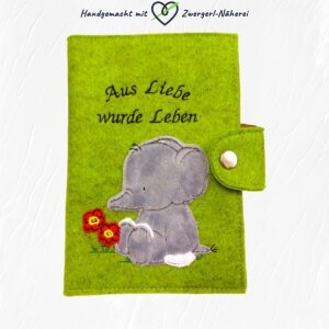 Mutter-Kind-Pass Hülle Österreich handmade grüner Wollfilz mit Elefant-Motiv Vorderansicht für Babys und Kleinkinder