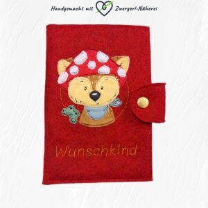 Mutter-Kind-Pass Hülle Österreich handmade roter Wollfilz mit Fuchs-Motiv Vorderansicht für Babys und Kleinkinder