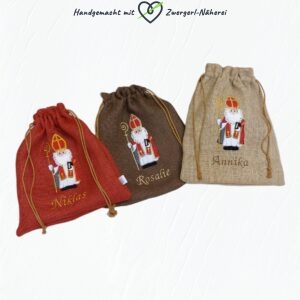 Nikolo-Sackerl personalisierbar aus Jute in drei Farben Rot Braun und Natur handmade für Babys und Kinder