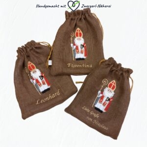 Nikolaussackerl aus Jute personalisierbar Nikolo-Sackerl mit eingestickten Namen und Spruch handmade für Babys und Kinder