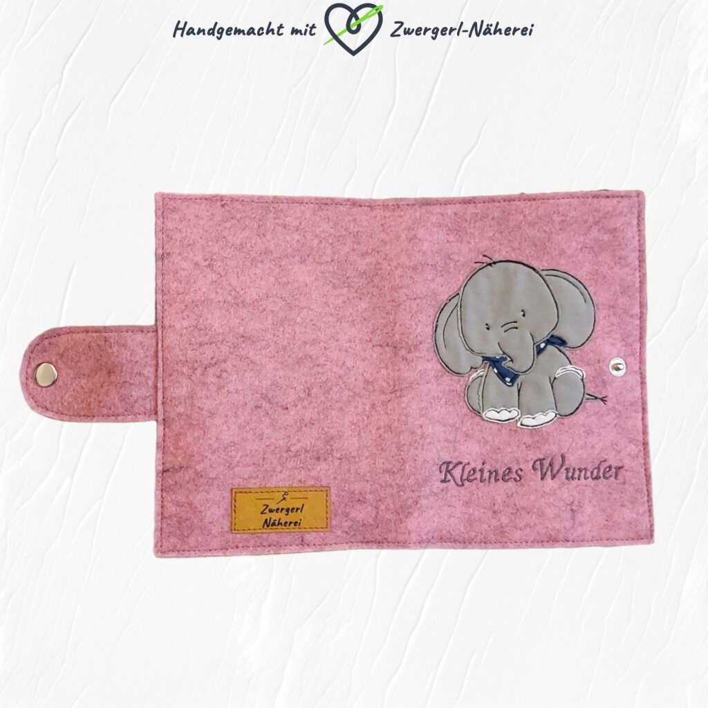 Mutter-Kind-Pass Hülle rosa mit Elefant-Motiv Merino-Wollfilz handmade Österreich Aussenansicht für Babys und Kleinkinder
