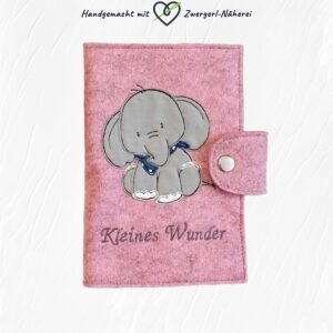 Mutter-Kind-Pass Hülle rosa mit Elefant-Motiv Merino-Wollfilz handmade Österreich Vorderansicht für Babys und Kleinkinder