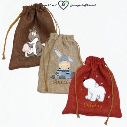 Geschenksackerl Jute handmade diverse Motive nach Wunsch handmade für Babys und Kinder Rot Braun und Natur