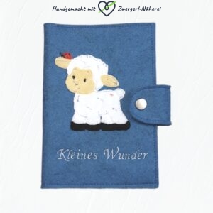 Mutterkindpass Hülle Wollfilz Blau Schaf-Motiv handmade Top Qualität Vorderansicht