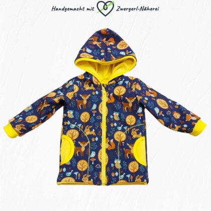 Softshell-Jacke mit Kapuze Waldtiere und Gelb handgenähte Top-Qualität Kindermode Herbstmode Wintermode Hauptansicht