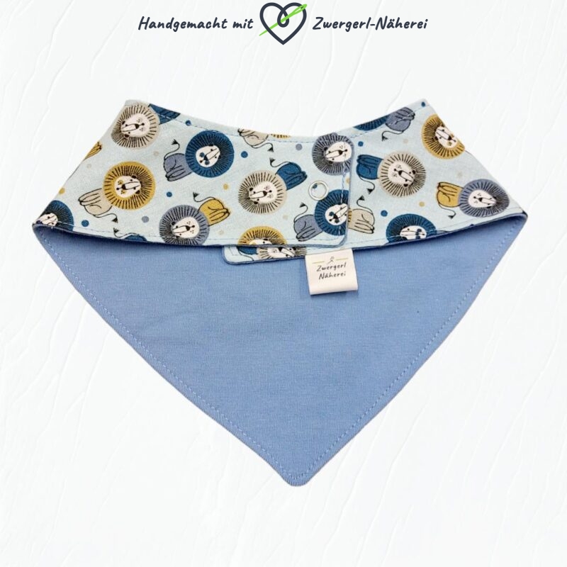Dreieckstuch Wendetuch Baumwolle Hellblau mit Löwen-Muster in Top handmade Qualität Rückansicht