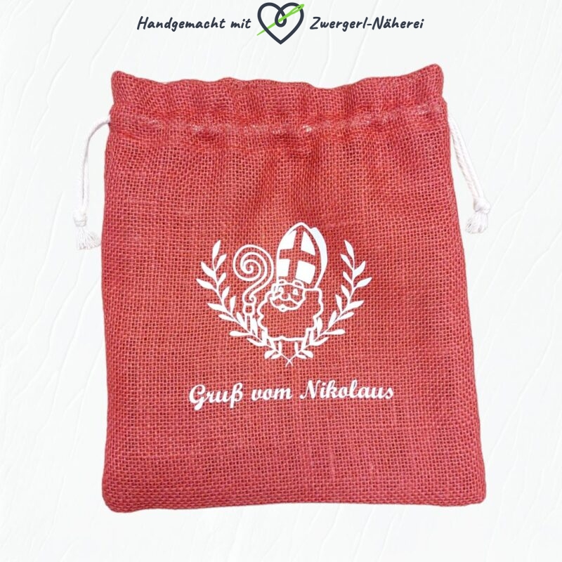 Nikolaus-Sackerl rote Jute mit weißem Plott-Motiv und Gruß in Top handmade Qualität und nachhaltig produziert