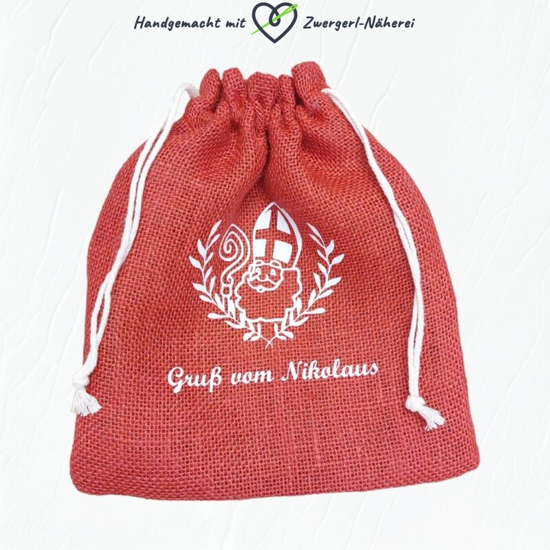Nikolaus-Sackerl rote Jute mit Plott-Motiv und Gruß Top handmade Qualität und nachhaltig produziert