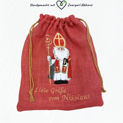 Nikolaus-Sackerl rote Jute mit Nikolo-Stickmotiv und Gruß handmade geschlossen