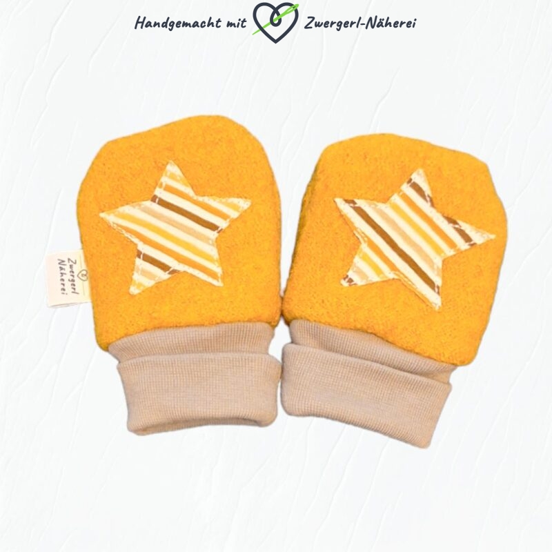 Fäustlinge Handschuhe Senfgelb mit Stern und Streifenmuster Winterzeit Top handmade Qualität Umgekrempelt