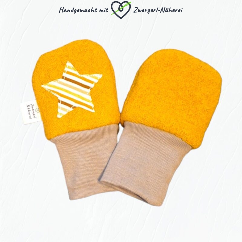 Fäustlinge Handschuhe Senfgelb mit Stern und Streifenmuster Winterzeit Top handmade Qualität vorne und hinten