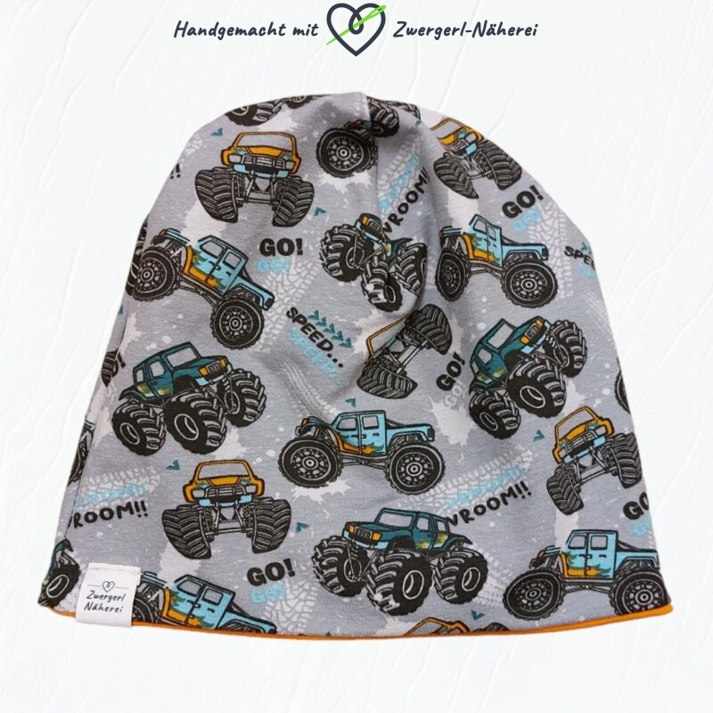 Wendebeanie Grau coole Monster-Trucks handmade Aussenansicht