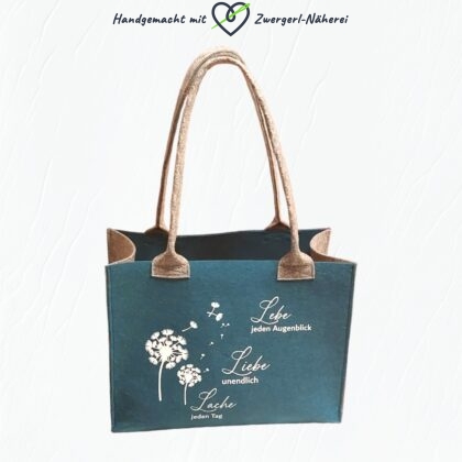 Filz-Tasche Geschenktasche Einkaufstasche Spielzeugtasche aus Filz mit Trageschlaufen und Plott mit Blumen-Motiv und Spruch handmade Vorderansicht
