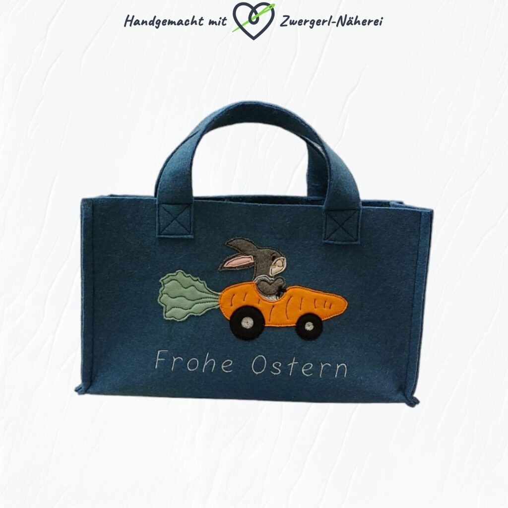 Ostertasche Geschenktasche aus blauem Filz mit Hase-Karottenauto-Stickapplikation Frohe Ostern in handmade Qualität