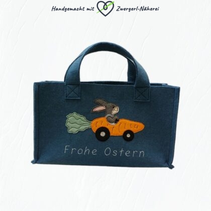 Ostertasche Geschenktasche aus blauem Filz mit Hase-Karottenauto-Stickapplikation Frohe Ostern in handmade Qualität