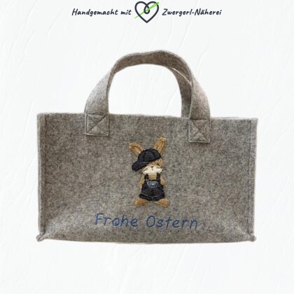 Ostertasche Geschenktasche aus grauem Filz Hase-Stickapplikation Frohe Ostern in handmade Qualität