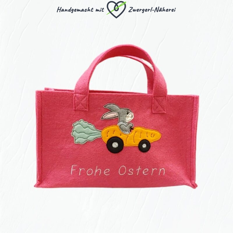 Ostertasche Geschenktasche aus rotem Filz mit Hase-Karottenauto-Stickapplikation Frohe Ostern in handmade Qualität